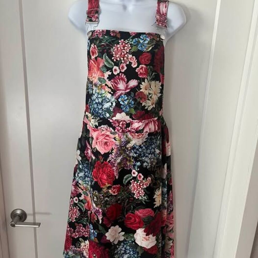 Vtg Style Black Floral Overall Dress Plus Size 3 - 4X Pinafore Jumper 46 Waist